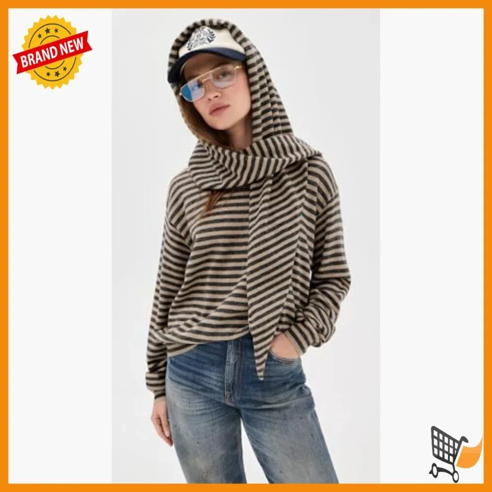 Lightweight Stretch Knit Pullover Sweater with Scarf, Dropped Shoulders